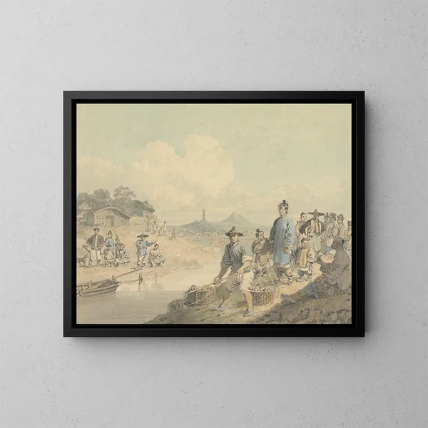 View in China with figures, pagoda, and mountain - William Alexander — framed artwork on a wall