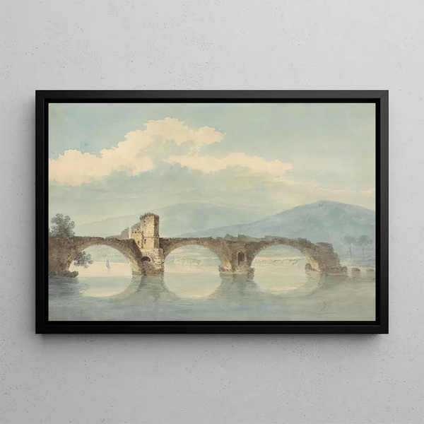 a painting of a bridge over the Arno - William Alfred Delamotte — framed artwork on a wall