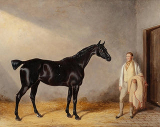 a dark bay hunting horse with a groom in a stable - William Barraud — artwork view