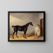 a dark bay hunting horse with a groom in a stable - William Barraud — framed artwork on a wall