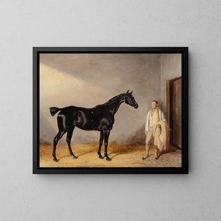 a dark bay hunting horse with a groom in a stable - William Barraud — framed artwork on a wall