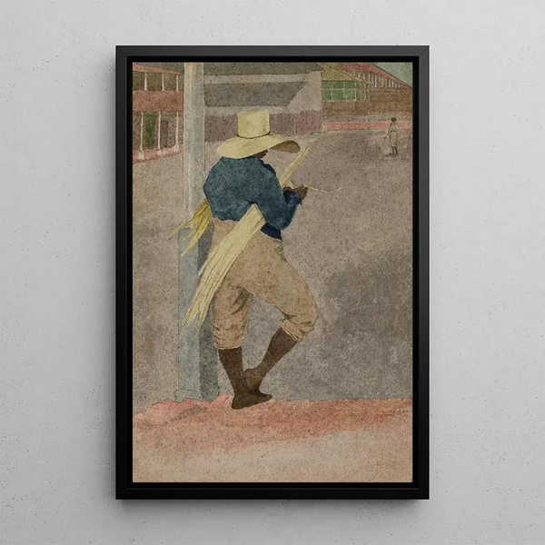 a man in a straw hat standing peeling sugarcane - William Berryman — framed artwork on a wall