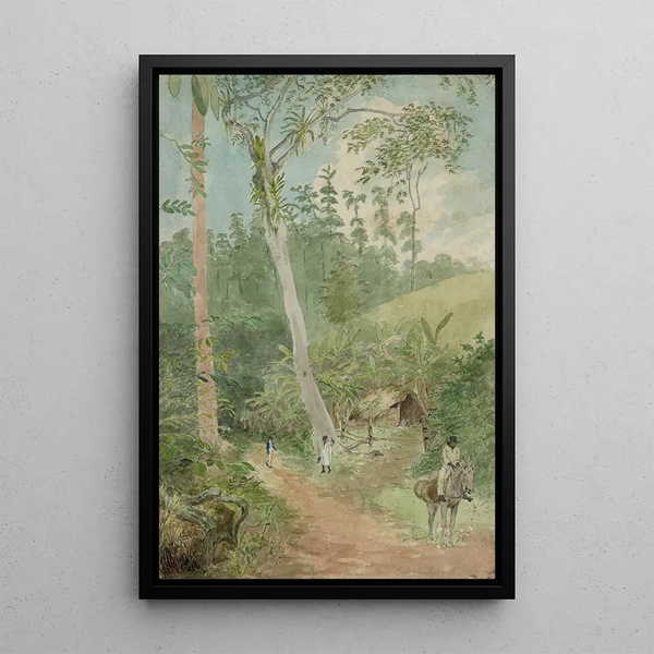 Allée de bananiers, comptable, veilleur et homme de cabane avec des tonneaux d'eau - William Berryman — framed artwork on a wall