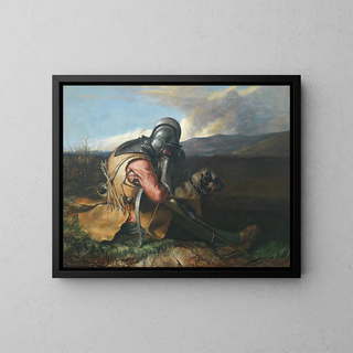 a Warrior with his dog in a vast landscape - William Borthwick Johnstone — framed artwork on a wall