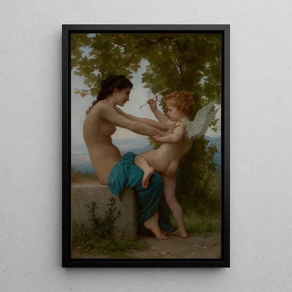 A young girl defending herself against Eros - William Bouguereau — framed artwork on a wall