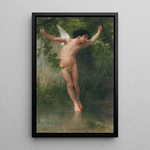 Cupid flying above the water - William Bouguereau — framed artwork on a wall