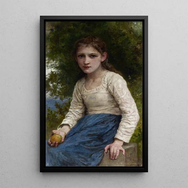 Girl with an Apple - William Bouguereau — framed artwork on a wall