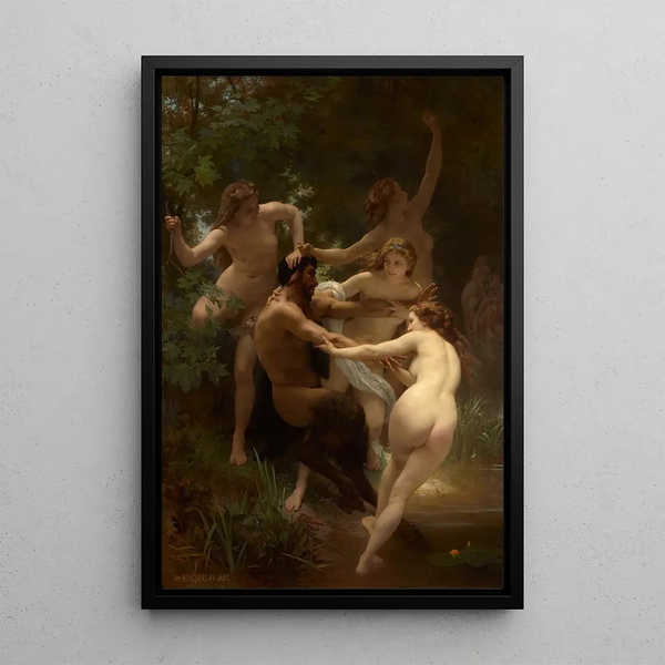 Nymphs and Satyr - William Bouguereau — framed artwork on a wall
