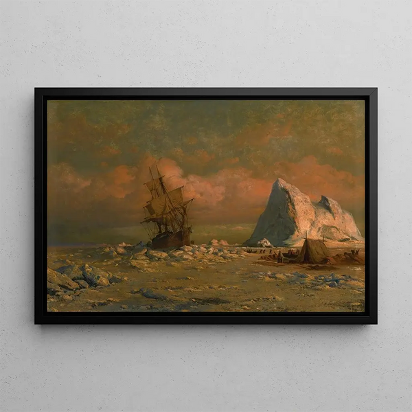 Ship with ice and characters - William Bradford — framed artwork on a wall