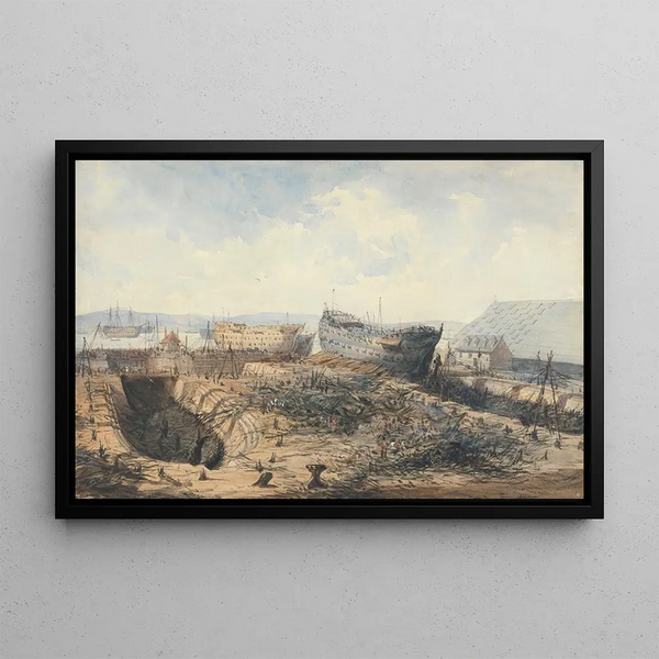 Naval Yard at Plymouth after the Fire - William Callow — framed artwork on a wall