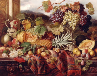 a Still life with assorted fruits and a tapestry with landscape beyond - William Duffield — artwork view