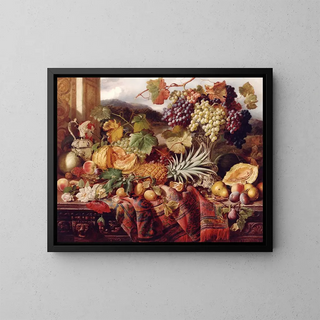 a Still life with assorted fruits and a tapestry with landscape beyond - William Duffield — framed artwork on a wall