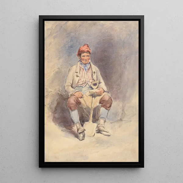 Sitting gardener painting with a shovel - William Egley — framed artwork on a wall