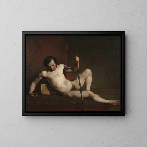 Male nude painting leaning on a stick - William Etty — framed artwork on a wall
