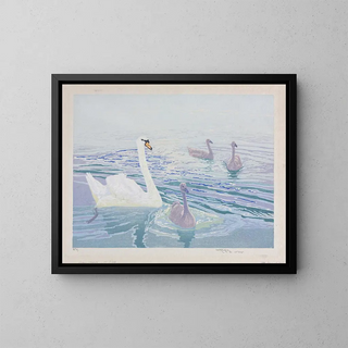 Swans and Cygnets - William Giles — framed artwork on a wall