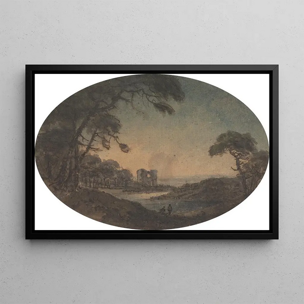 Landscape painting with two men and a castle ruin on the bank - William Gilpin — framed artwork on a wall