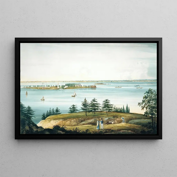 La baie de New York et l'île Governors vues depuis Brooklyn Heights - William Guy Wall — framed artwork on a wall