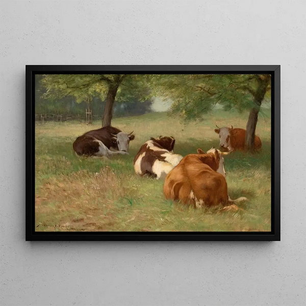 Cows in a Grassy Field - William Henry Howe — framed artwork on a wall
