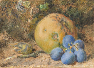 a painting of an apple, grapes, and a hazelnut on a moss bench - William Henry Hunt — artwork view