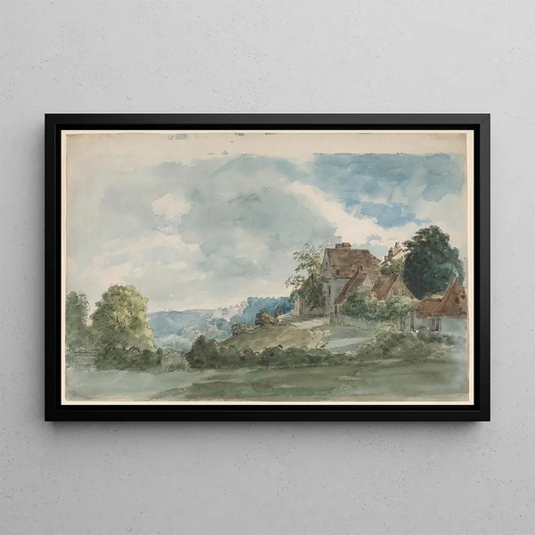 Cottages dans un paysage étendu - William Henry Hunt — framed artwork on a wall