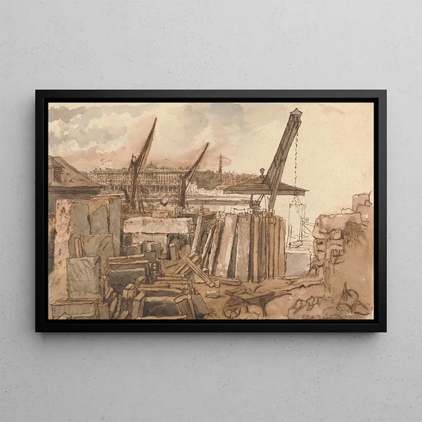 The construction of the Waterloo bridge - William Henry Hunt — framed artwork on a wall