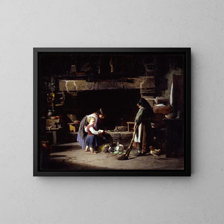 Interior farm painting, Breton children feeding rabbits - William Henry Lippincott — framed artwork on a wall