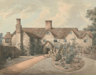 A boy playing drum in the garden of a country house - William Henry Pyne — artwork view
