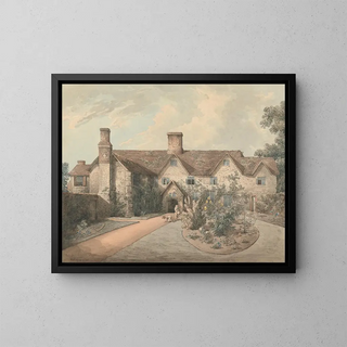 A boy playing drum in the garden of a country house - William Henry Pyne — framed artwork on a wall