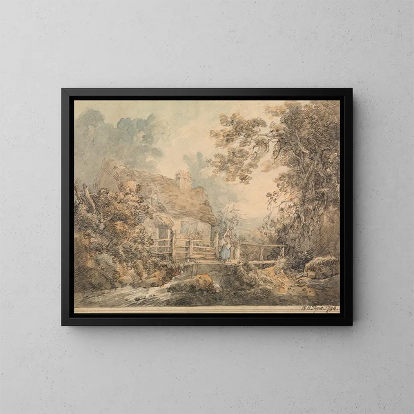 Cottage and pontoon - William Henry Pyne — framed artwork on a wall