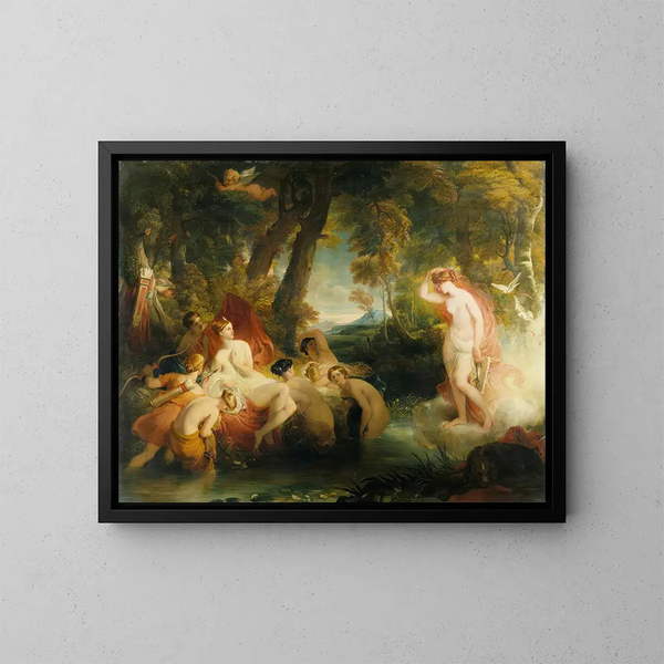Venus searching for Cupid surprises Diana - William Hilton — framed artwork on a wall
