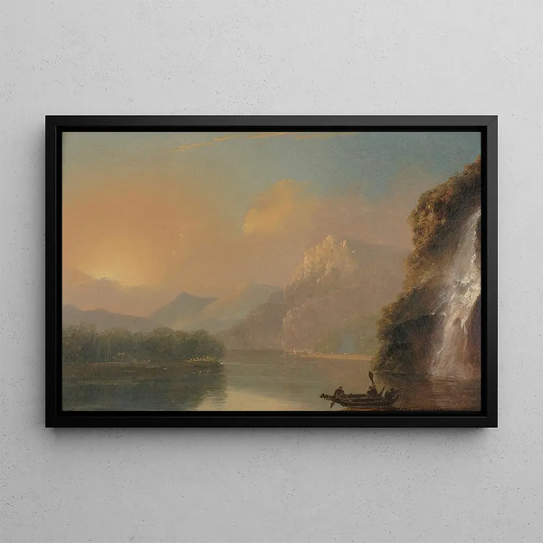 Cascade dans la baie de Dusky avec pirogue maorie - William Hodges — framed artwork on a wall
