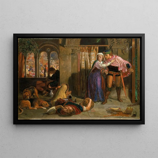 The Flight of Madeleine and Porphyro During the Drunkenness Accompanying the Feast The Eve of Saint Agnes - William Holman Hunt — framed artwork on a wall
