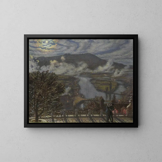 View from a terrace of a river landscape at night - William Holman Hunt — framed artwork on a wall