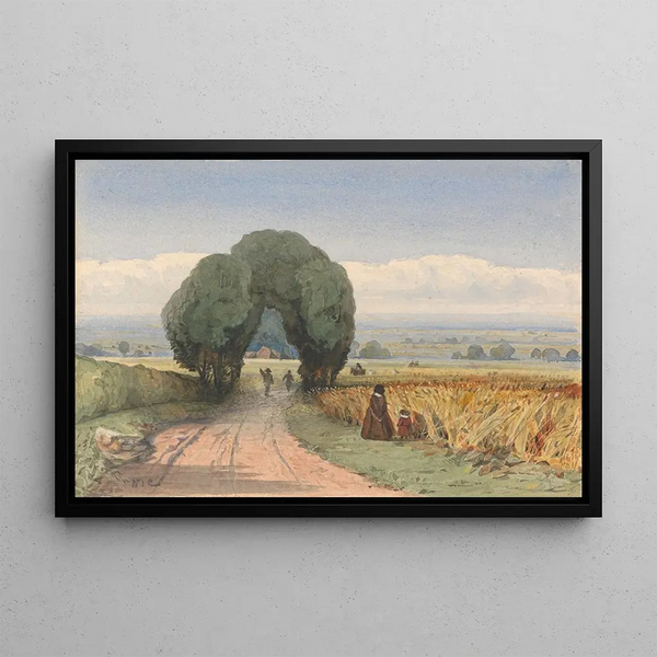 Gloucestershire Painting, a Woman and a Child on a Road Bordering Ripening Wheat Fields at Moreton-in-Marsh - William John Chamberlayne — framed artwork on a wall