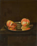 a Still life with peaches and a plum on a pewter plate on a ledge - William Jones of Bath — artwork view