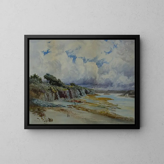 A view of a coastal cove on a cloudy day - William Lees Judson — framed artwork on a wall