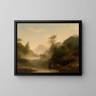 Landscape painting with three men in a boat - William Macleod — framed artwork on a wall