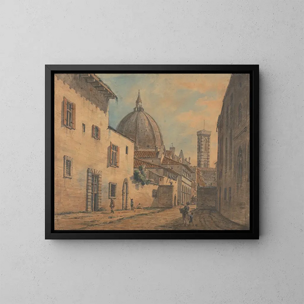 a street in Florence with the Duomo and the Campanile in the background - William Marlow — framed artwork on a wall