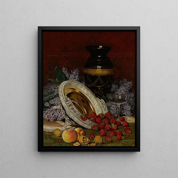 Still life with strawberries and lilacs - William Mason Brown — framed artwork on a wall