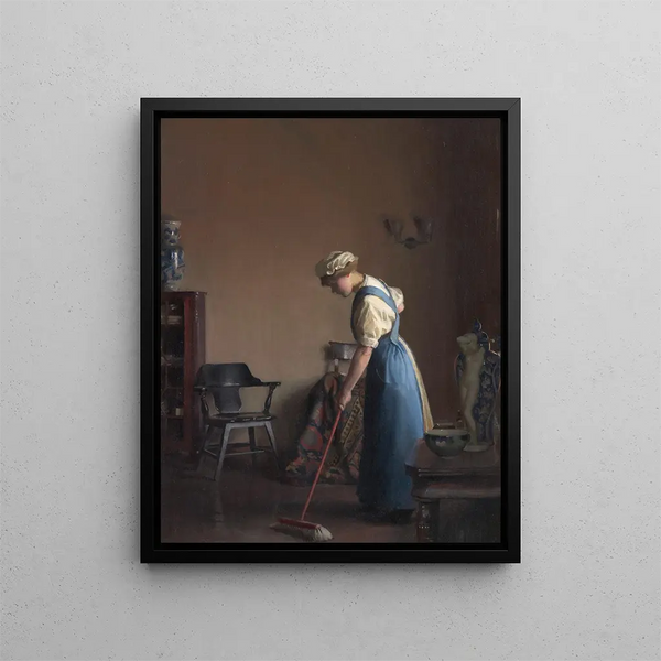 Girl sweeping - William McGregor Paxton — framed artwork on a wall