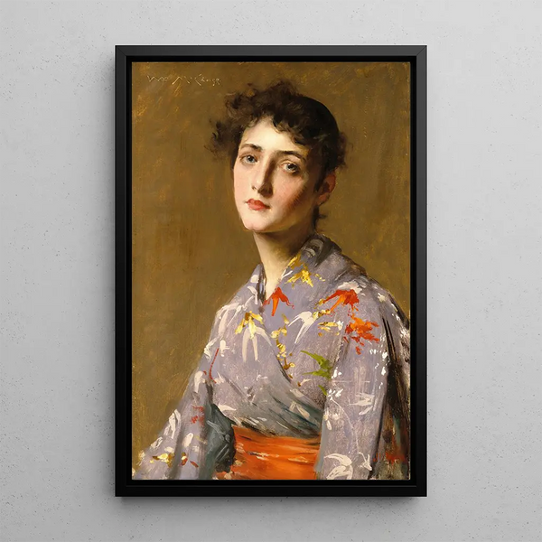 Young girl in Japanese costume - William Merritt Chase — framed artwork on a wall
