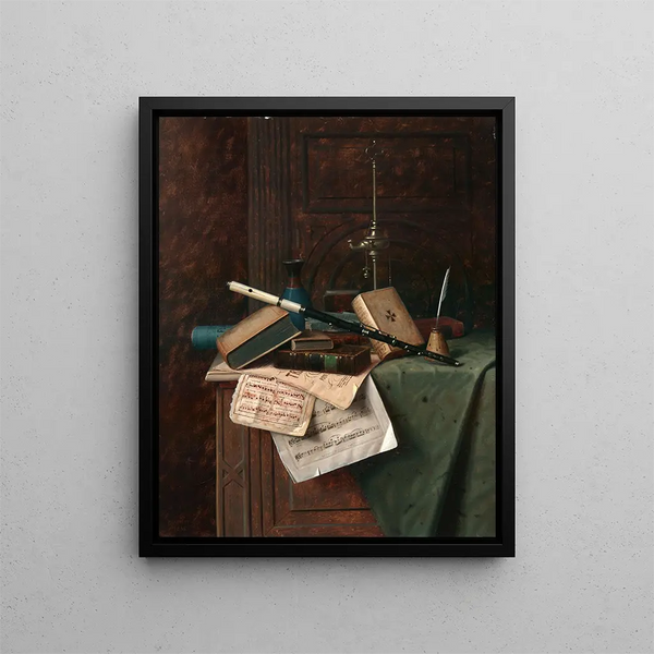 Still life with vase, flute, and Roman lamp - William Michael Harnett — framed artwork on a wall