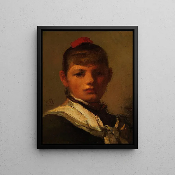 Girl with a Red Hair Ribbon - William Morris Hunt — framed artwork on a wall
