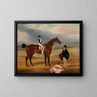 Foreign painting with jockey and his owner standing on the right - William Nedham — framed artwork on a wall