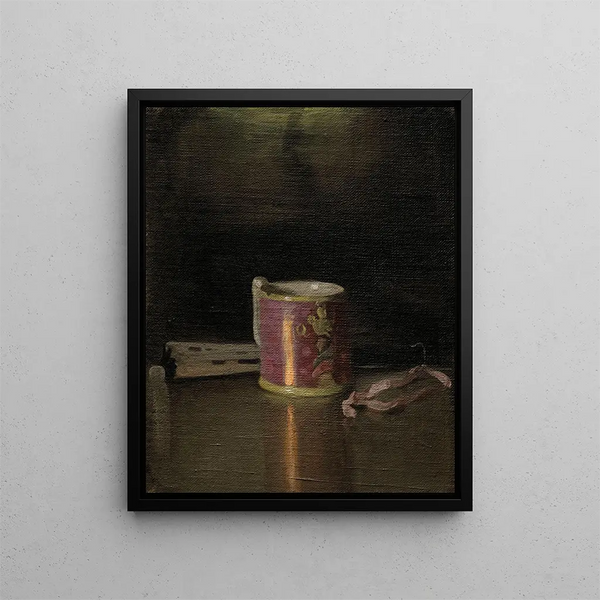 Still life with cup and pink lustre fan - William Nicholson — framed artwork on a wall