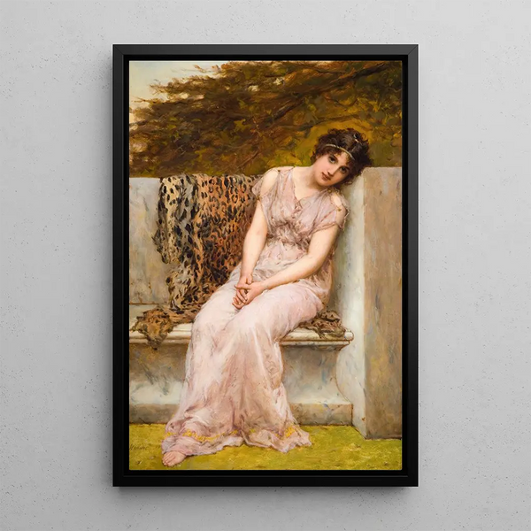 Portrait of a young woman sitting on a marble chair - William Oliver — framed artwork on a wall