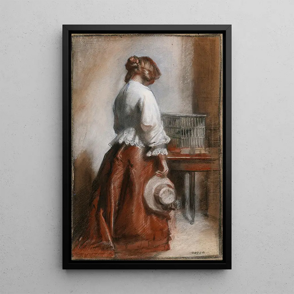 Lady with a Birdcage - William Orpen — framed artwork on a wall