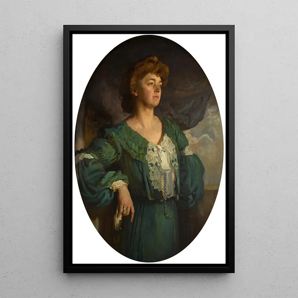 Portrait of Mary Lady Gerard in green dress - William Orpen — framed artwork on a wall