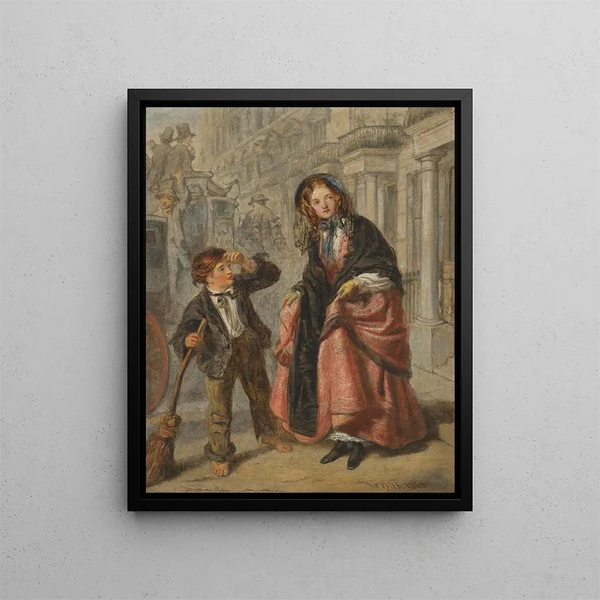 The crossing sweeper (Conflict of cases) - William Powell Frith — framed artwork on a wall