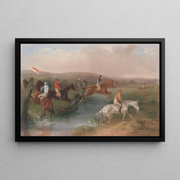 Jumping over the stream - William Shayer — framed artwork on a wall